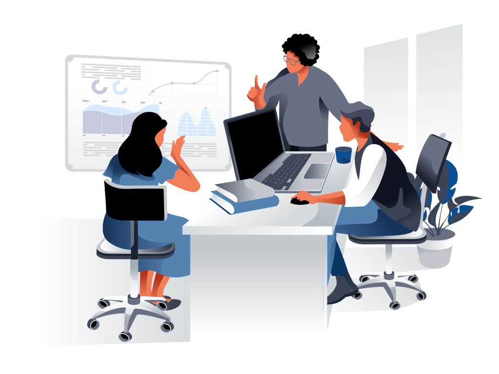 Illustration of 3 team members sitting around a desk